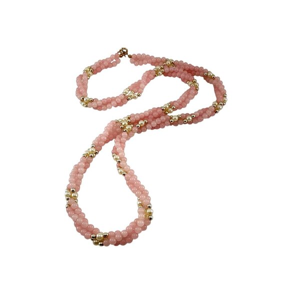 Pink Beaded Twisted Necklace with Gold Tone Accents Handmade Jewelry - Picture 6 of 7